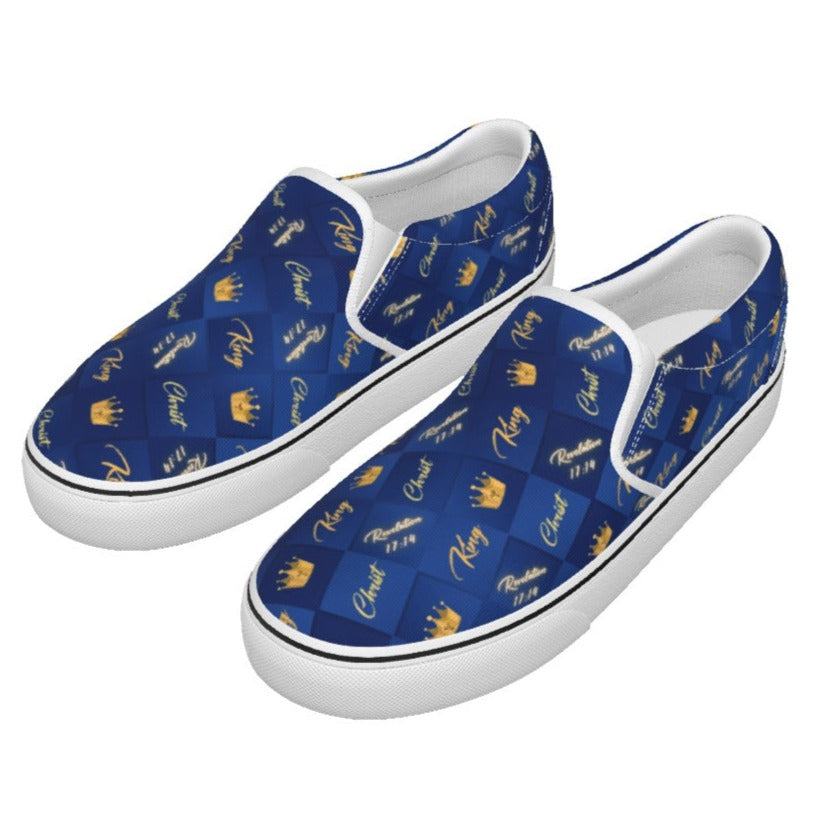 Kid's KING CHRIST Revelation 17:14 Crown Pattern Blue / Gold Slip On Sneakers