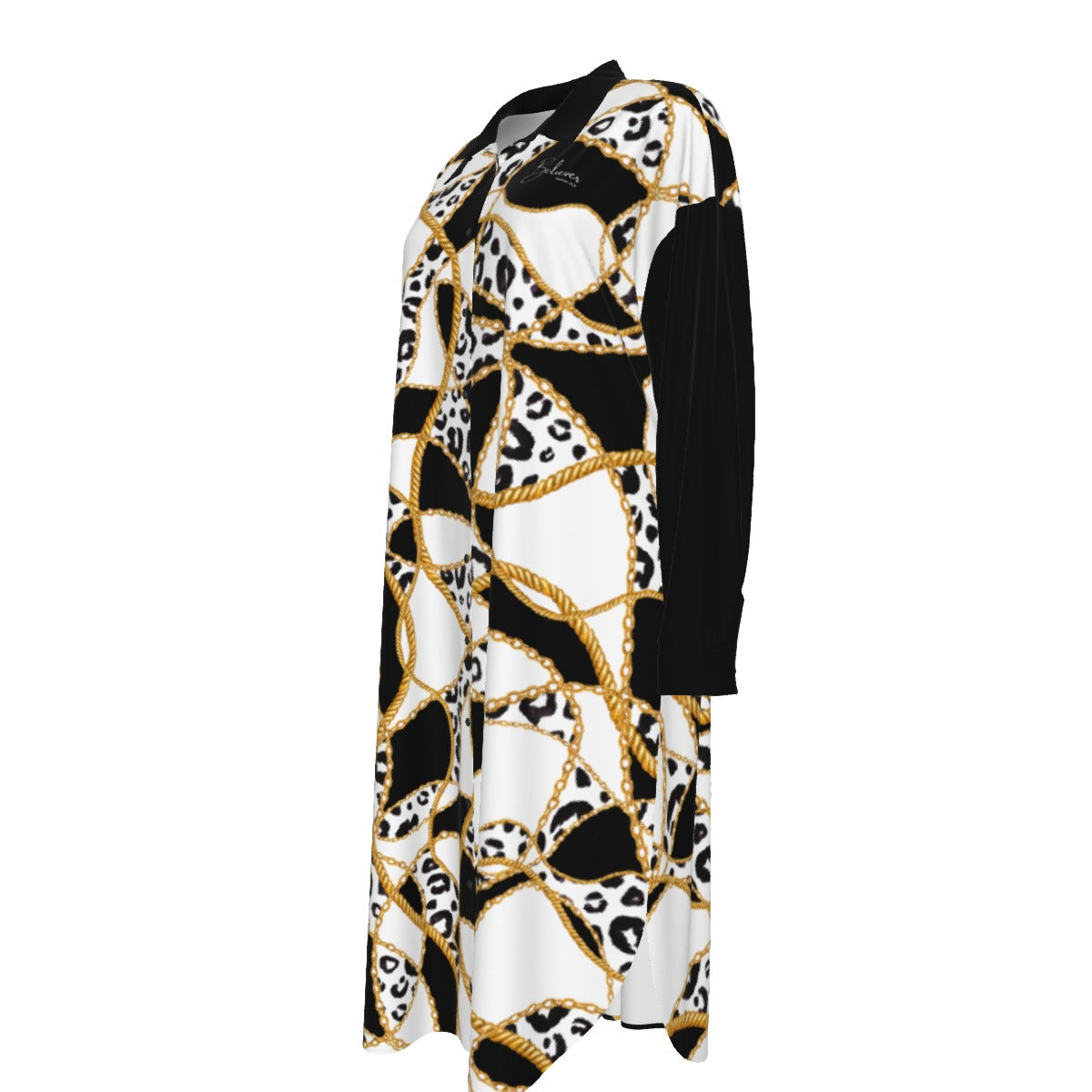 BELIEVER Romans 10:9 Leopard Black Gold White Pattern Long Shirt Dress
