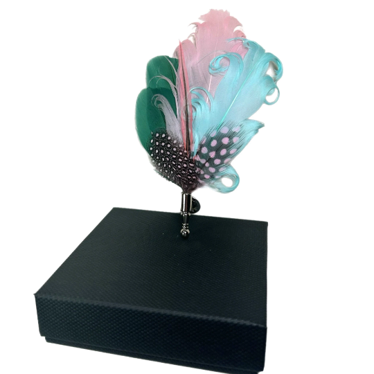 Green, Pink, and Light Aqua Blue Feather Lapel Pin