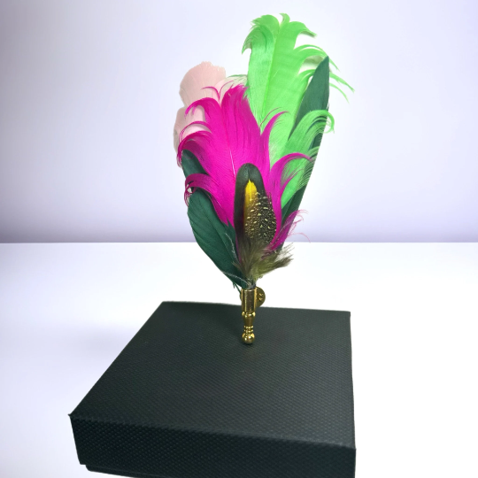 Neon Green, Fucshia Pink, Soft Pink, Black, Dark Green and Yellow Floral Design Feather Lapel Pin