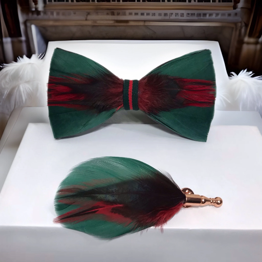 Dark Green and Red Dyed Rooster Feather Bow Tie & Gold Pin Set
