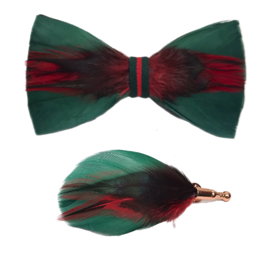 Dark Green and Red Dyed Rooster Feather Bow Tie & Gold Pin Set
