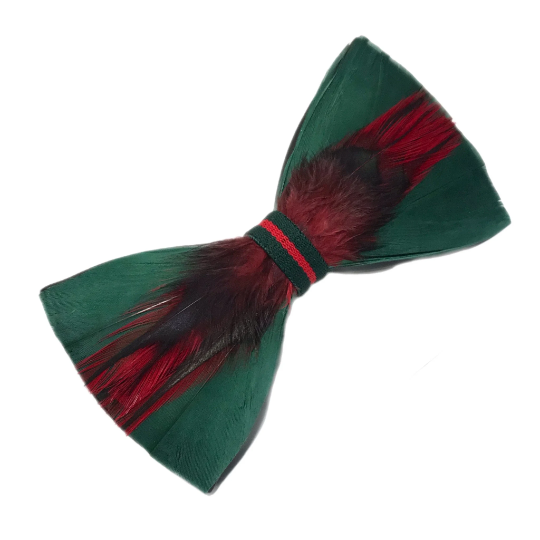 Dark Green and Red Dyed Rooster Feather Bow Tie & Gold Pin Set