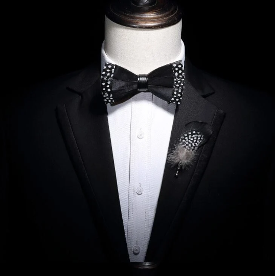 Black and White Polka Dot Trim Feather Bow Tie & Pin Set