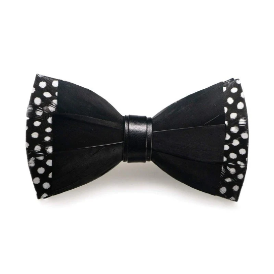Black and White Polka Dot Trim Feather Bow Tie & Pin Set