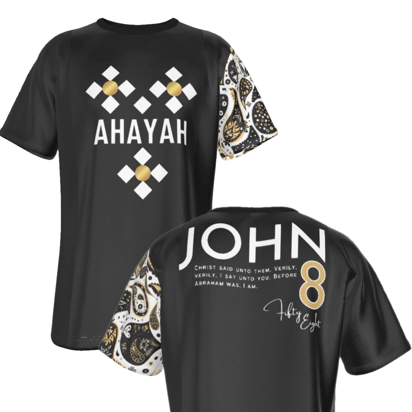 AHAYAH - I AM - John 8:58 Scripture Paisley Sleeve Black Jersey T Shirt