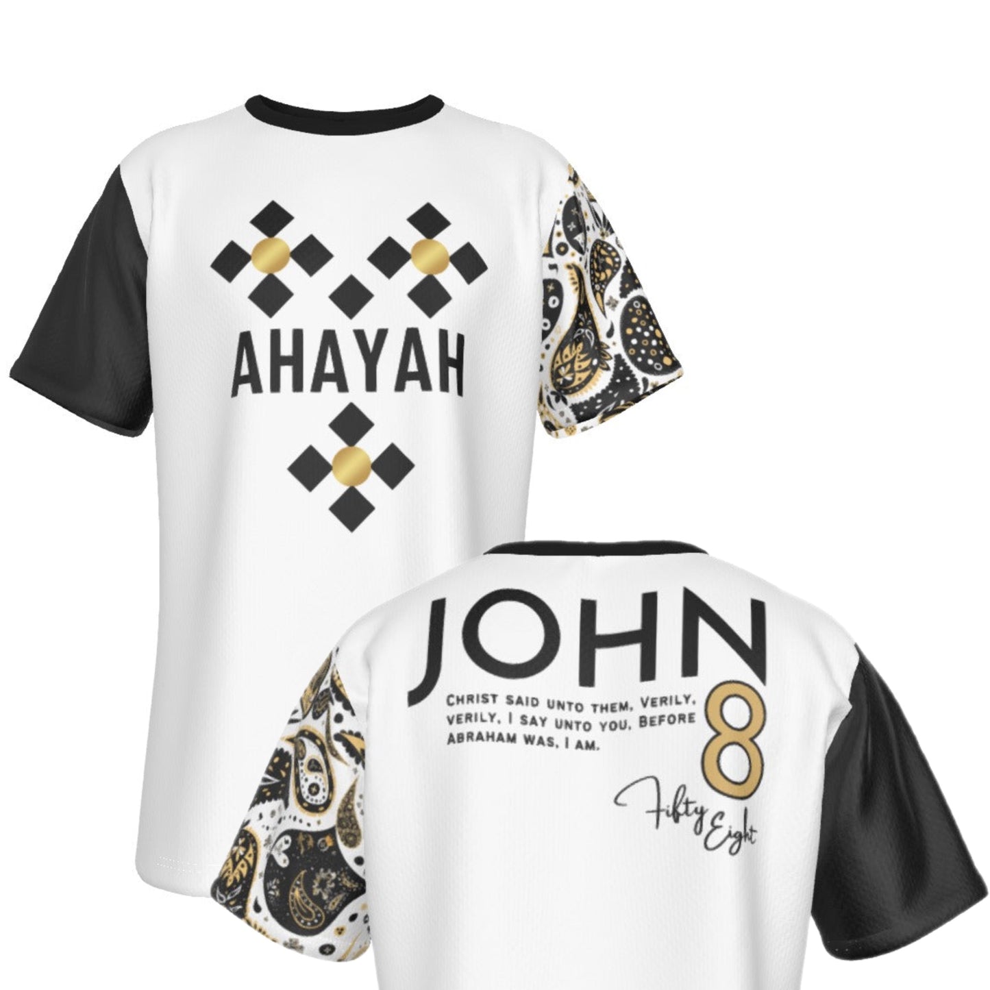 AHAYAH - Before Abraham was, I AM John 8:58 Scripture Paisley Sleeve White Jersey T Shirt