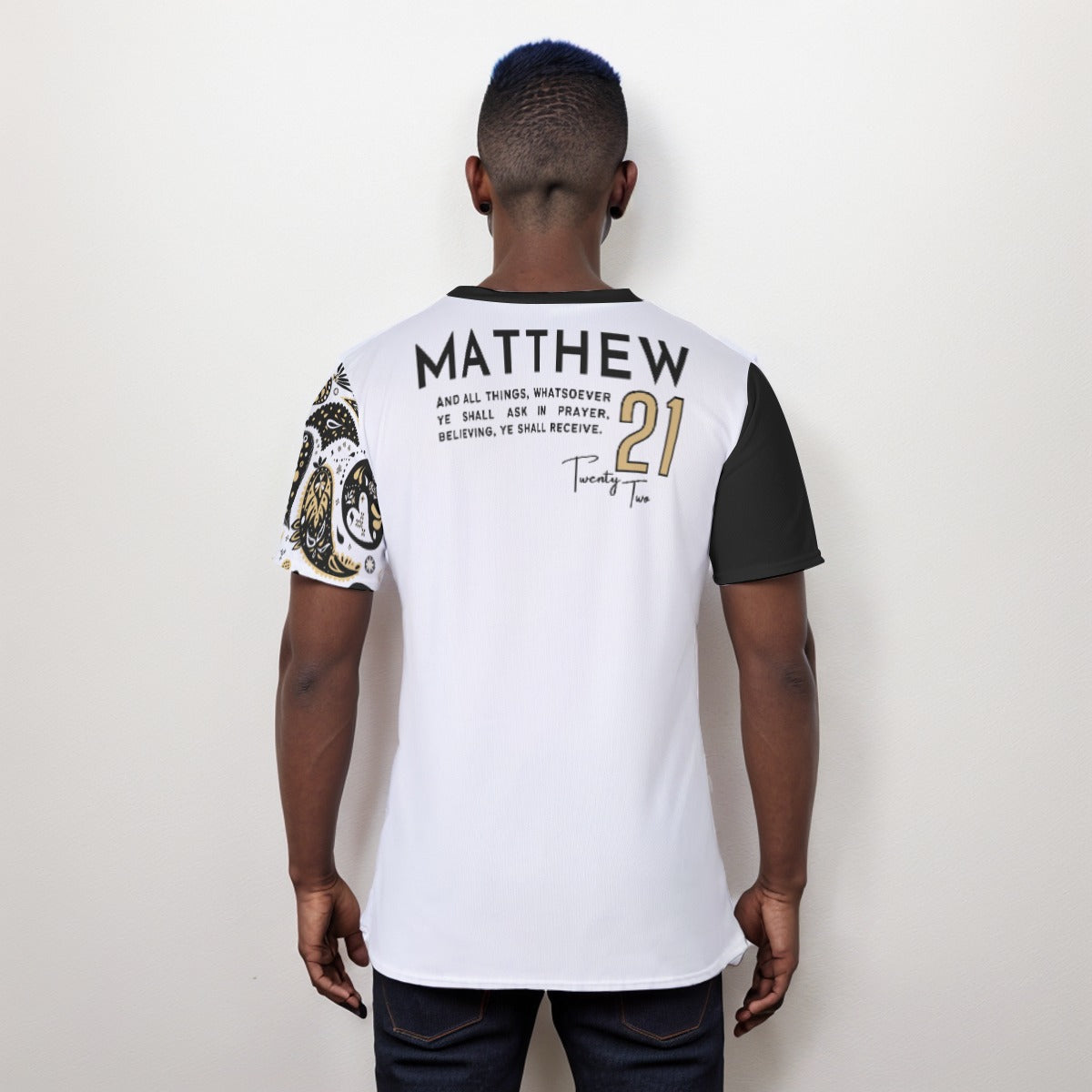 PRAY Matthew 21:22 Scripture Paisley Sleeve Black T Shirt