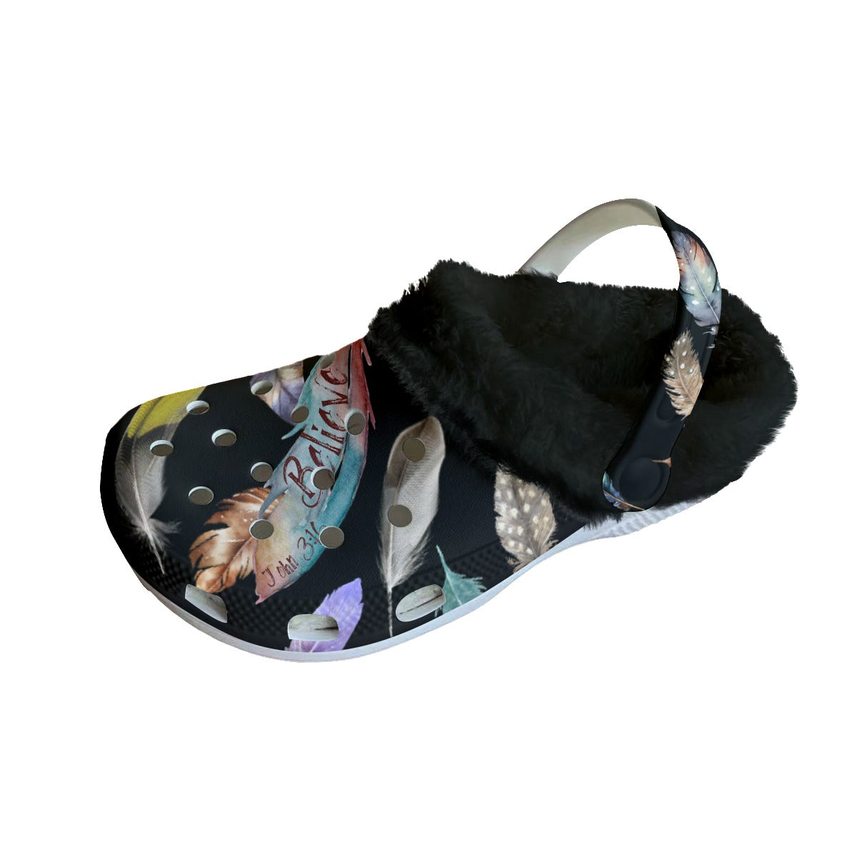 Women's BELIEVE Black Feather Fleece Clogs
