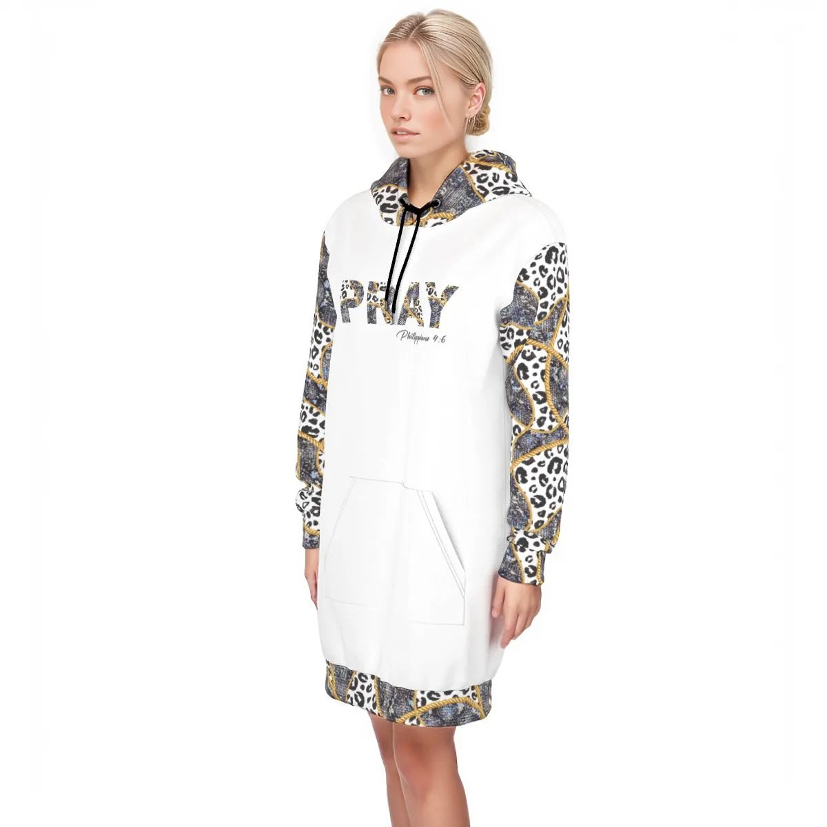 PRAY Philippians 4:6 Leopard Print Cotton Pullover Hoodie Dress