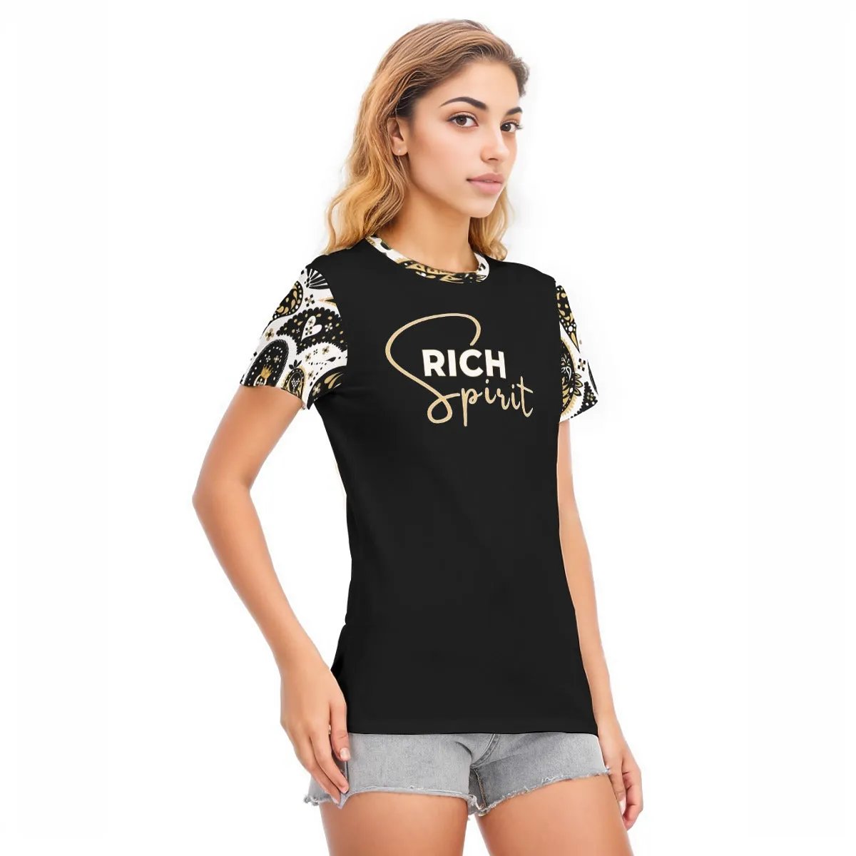 RICH SPIRIT Paisley Sleeve Round Neck Cotton T Shirt
