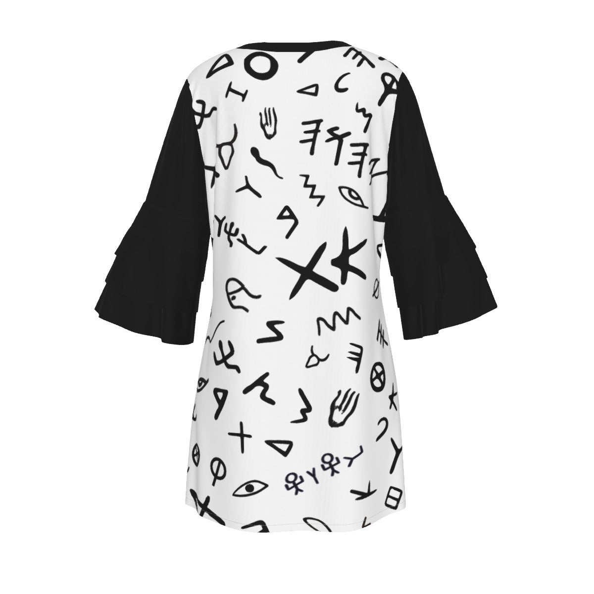 YAHUAH Ancient Paleo Phoenician Pictograph Alphabet Pattern Stacked Ruffle Sleeve Dress