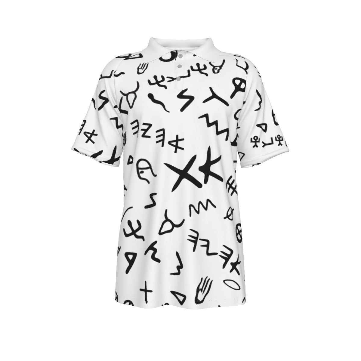 AHAYAH Ancient Paleo Phoenician Pictograph Alphabet Pattern Short Sleeve Polo Shirt With Button Closure