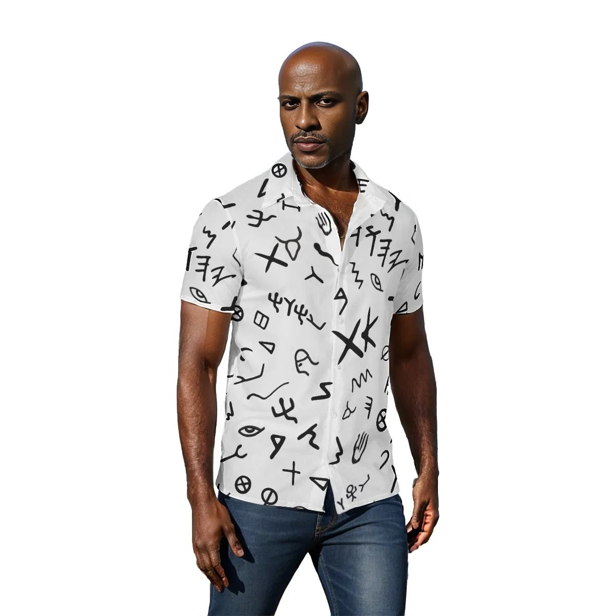 Men's YAHUAH Ancient Paleo Phoenician Pictograph Alphabet Pattern Button Shirt