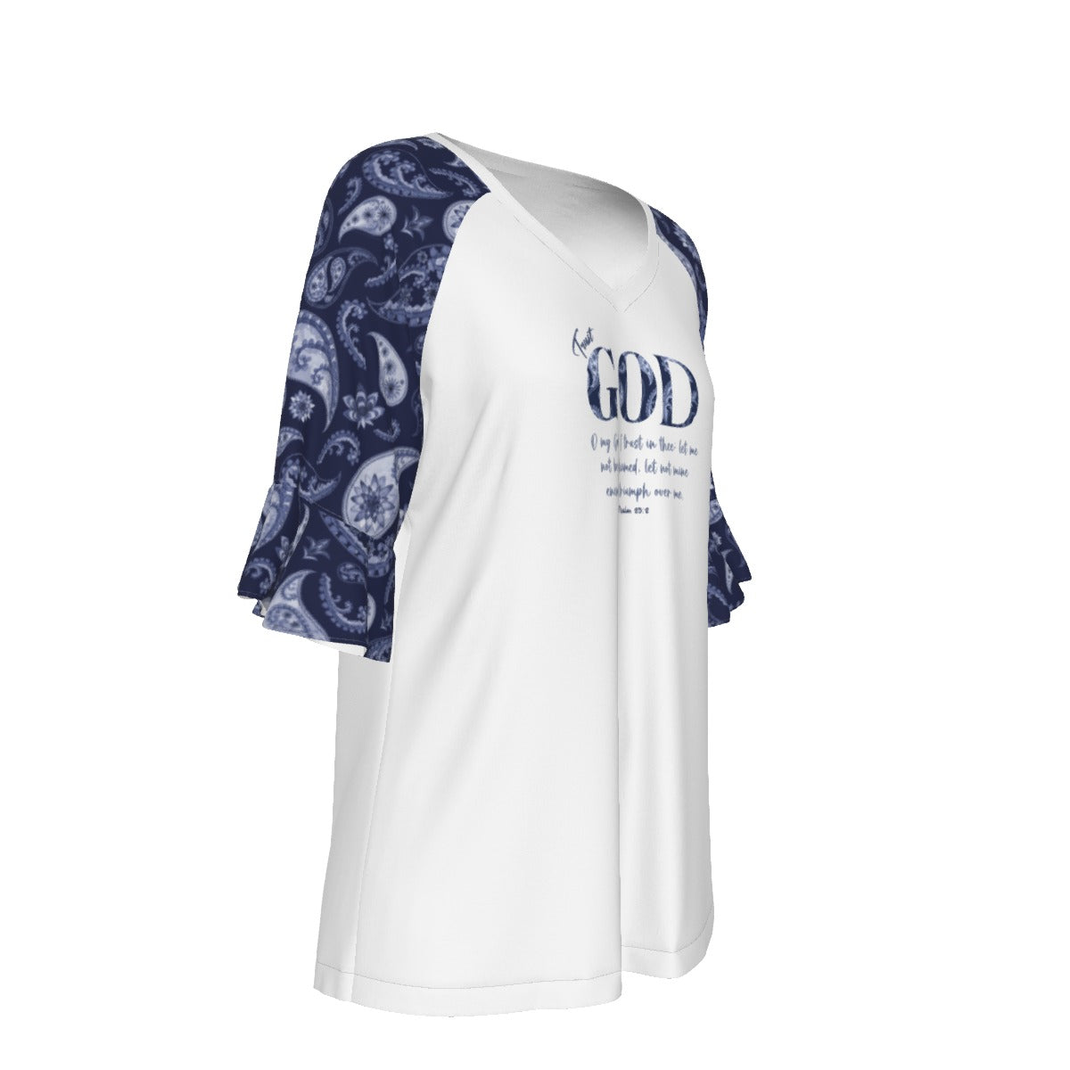 TRUST GOD Psalm 25:2 Blue Paisley Bell Sleeve Shirt