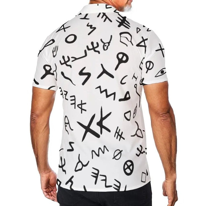 Men's AHAYAH Ancient Paleo Phoenician Pictograph Alphabet Pattern Button Shirt