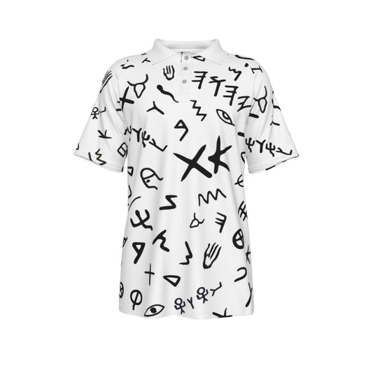 YAHUAH Ancient Paleo Phoenician Pictograph Alphabet Pattern Short Sleeve Polo Shirt With Button Closure