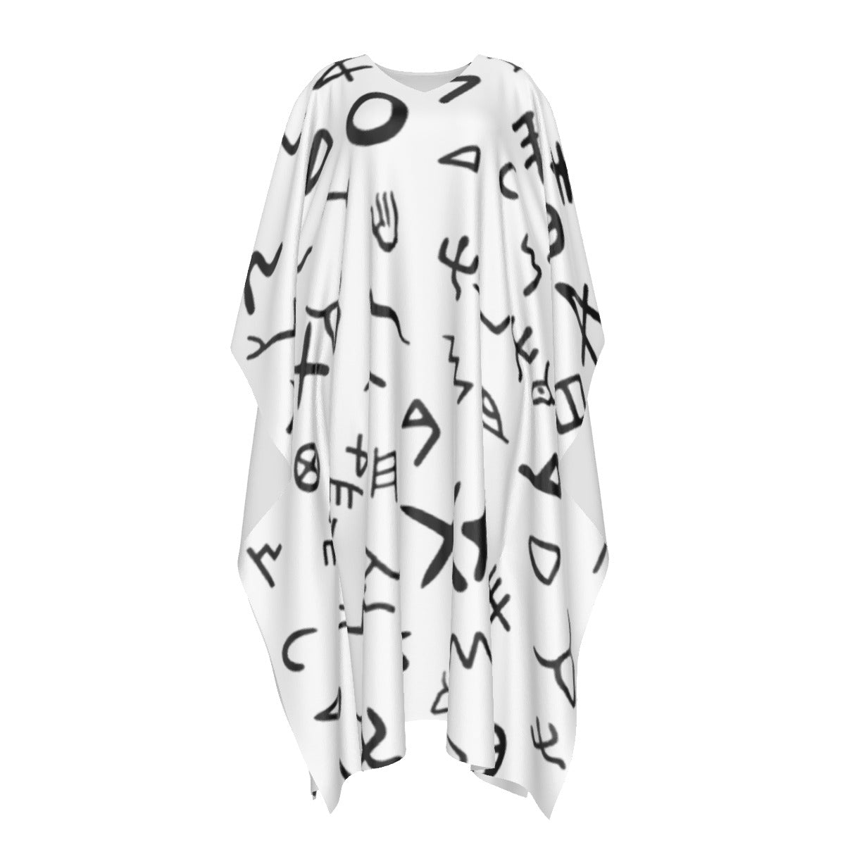 AHAYAH Ancient Paleo Phoenician Pictograph Alphabet Pattern Silk V Neck Coverall Robe