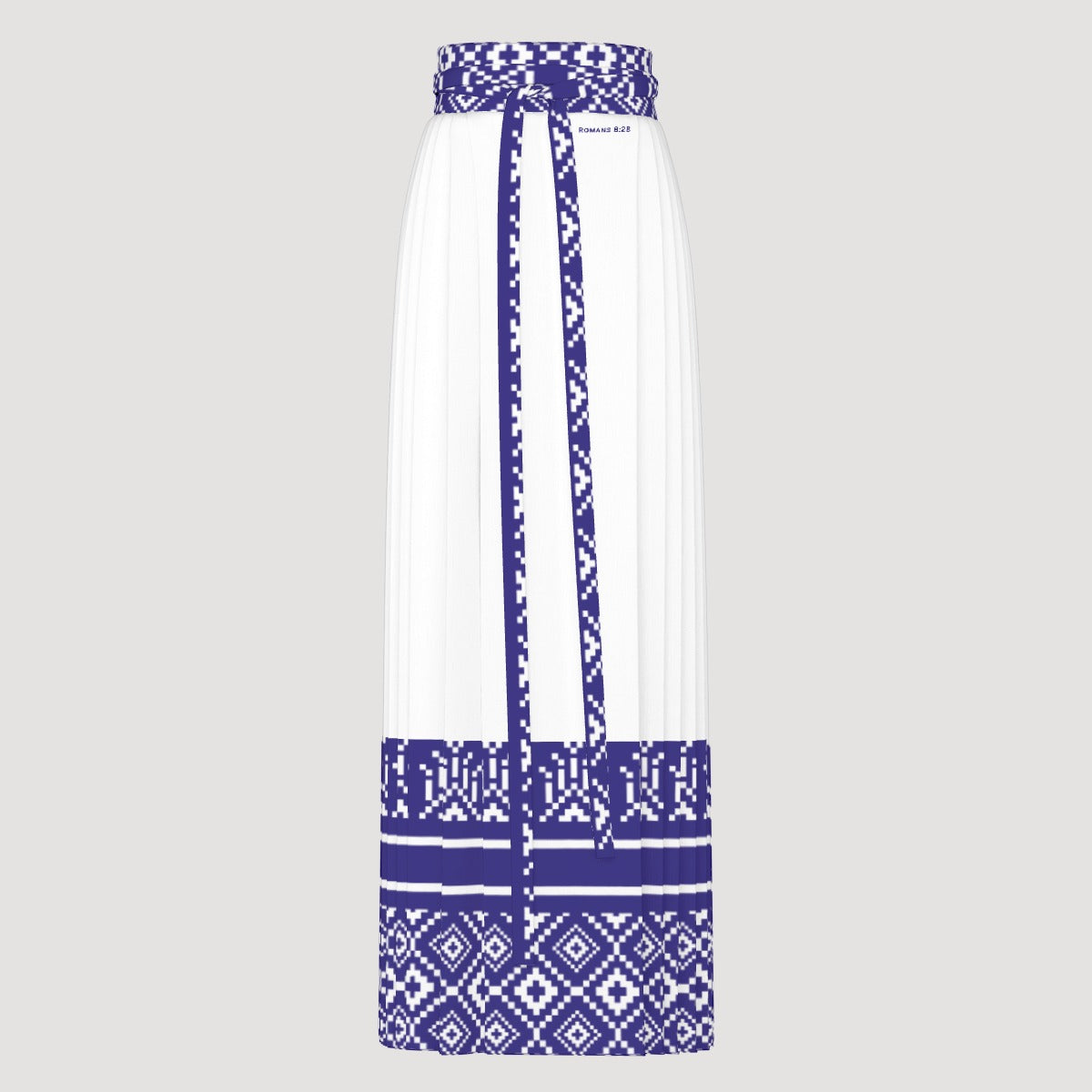 ROMANS 8:28 Scripture Blue and White Ethnic Pattern Long Pleated Skirt