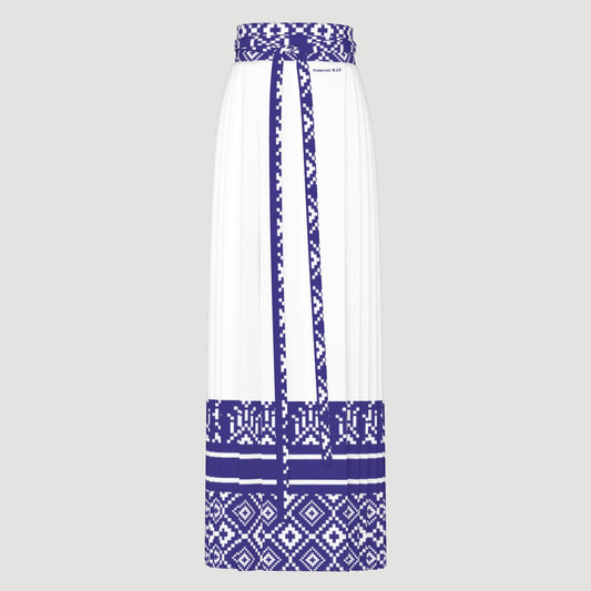 ROMANS 8:28 Scripture Blue and White Ethnic Pattern Long Pleated Skirt