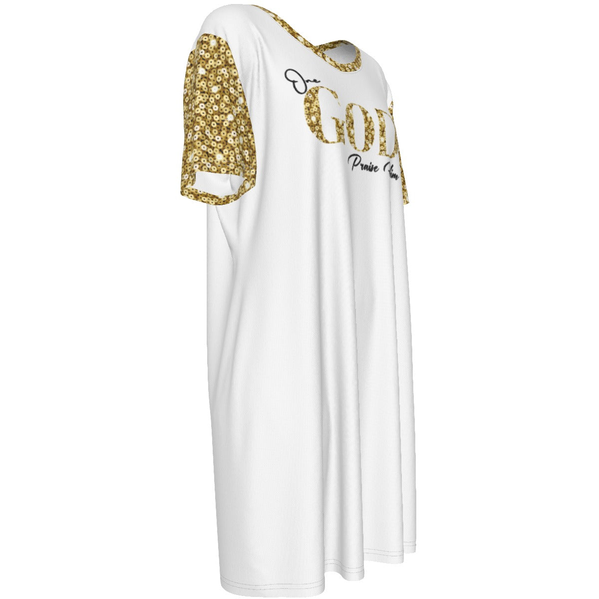 ONE GOD PRAISE HIM Gold Sequin Pattern Short Sleeve Casual Cotton Dress