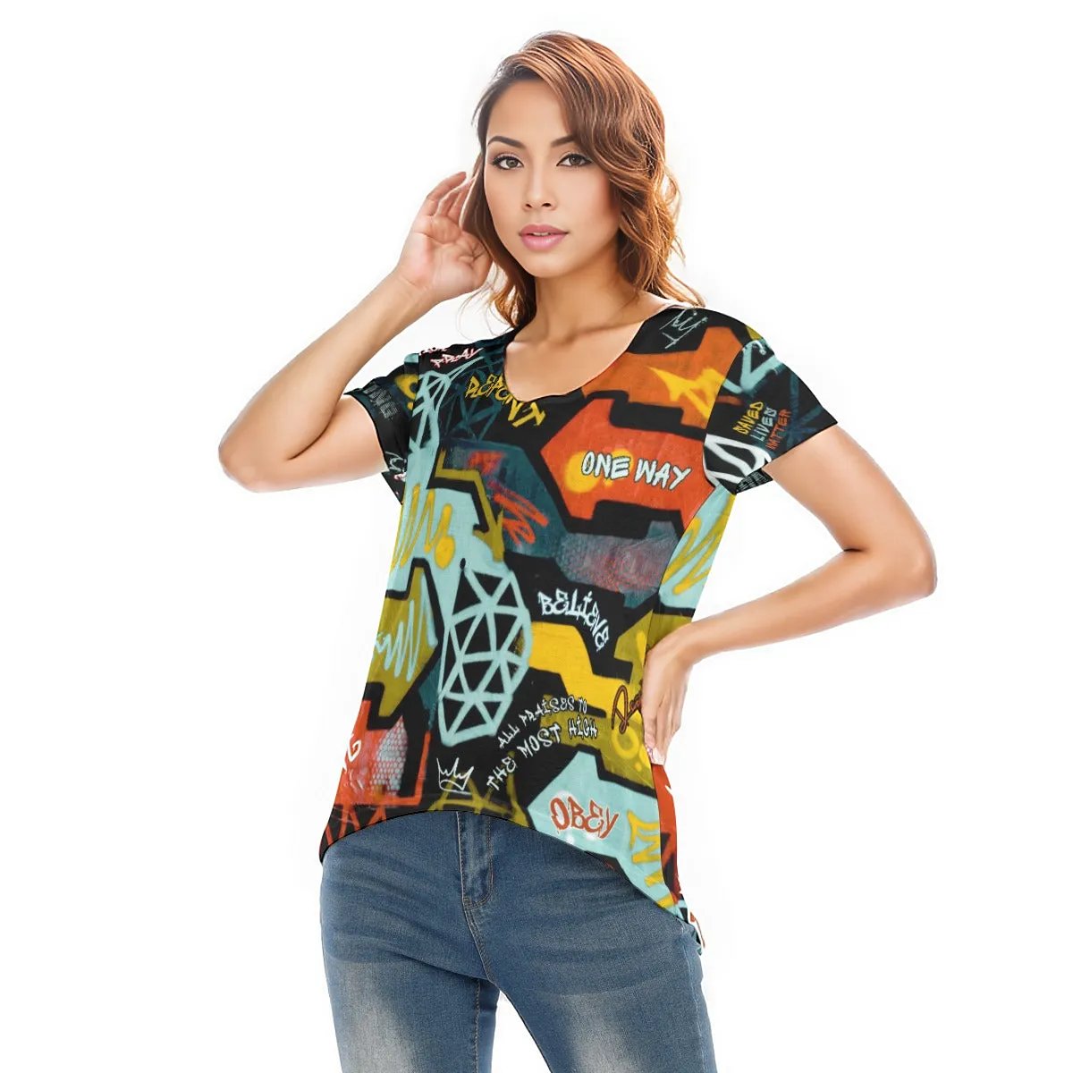 GRAFFITI GOD High Low V-neck Short Sleeve T-shirt