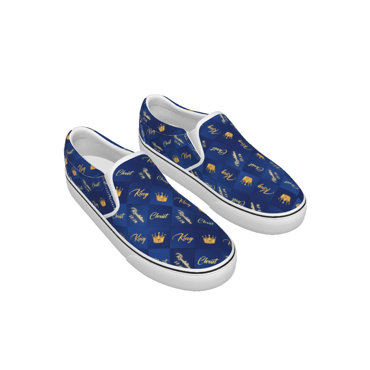 Kid's KING CHRIST Revelation 17:14 Crown Pattern Blue / Gold Slip On Sneakers