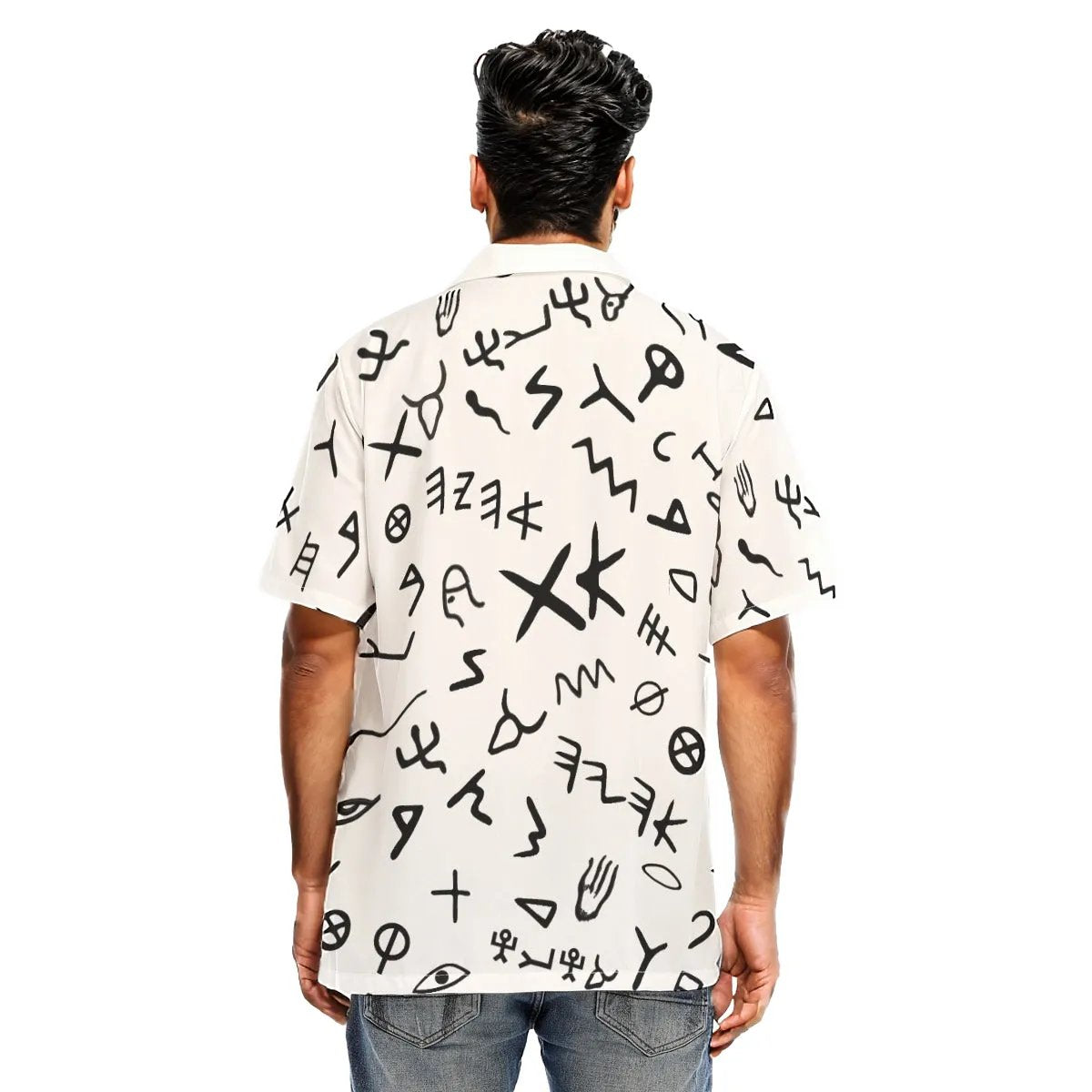 Men's AHAYAH Ancient Paleo Phoenician Pictograph Alphabet Pattern Hawaiian Button Shirt