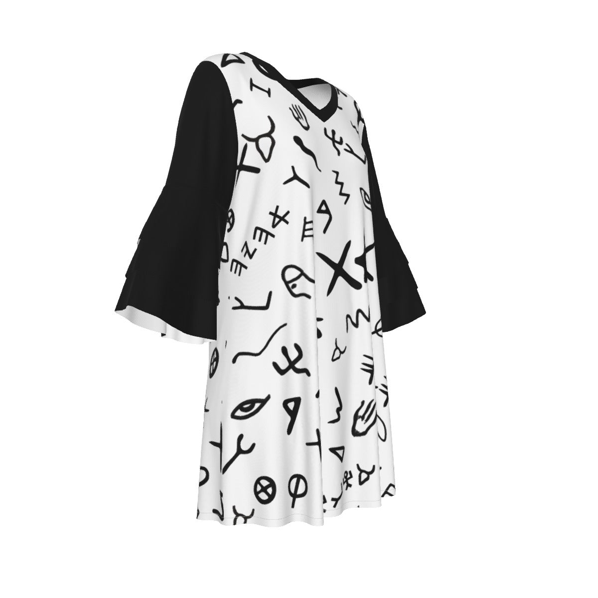 AHAYAH Ancient Paleo Phoenician Pictograph Alphabet Pattern Stacked Ruffle Sleeve Dress