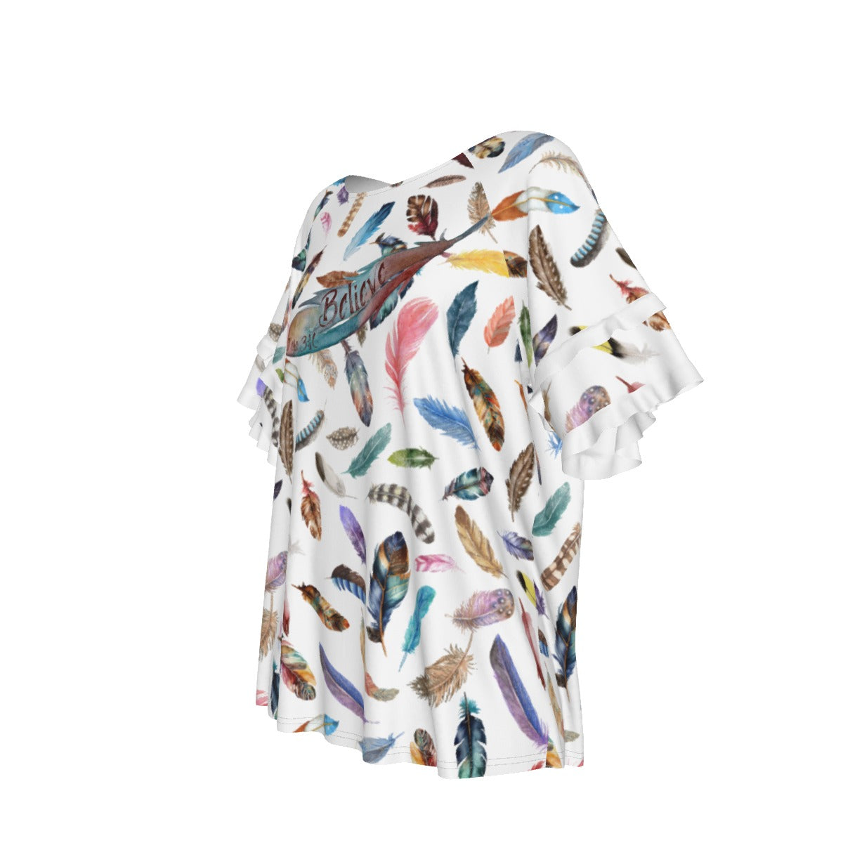 BELIEVE Feather Print Round Neck Layered Sleeve Shirt