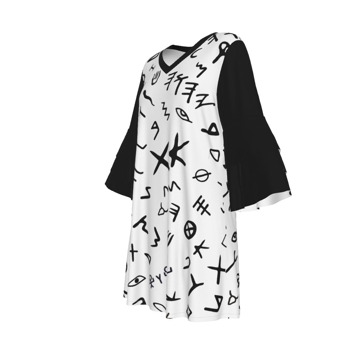 YAHUAH Ancient Paleo Phoenician Pictograph Alphabet Pattern Stacked Ruffle Sleeve Dress