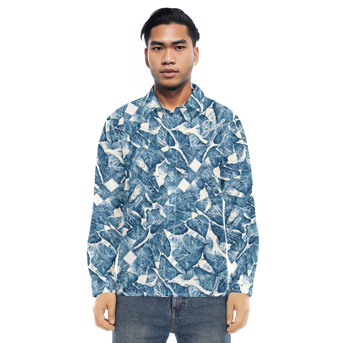 BELIEVER Blue Leaf Pattern Long Sleeve Lapel Collar Shirt