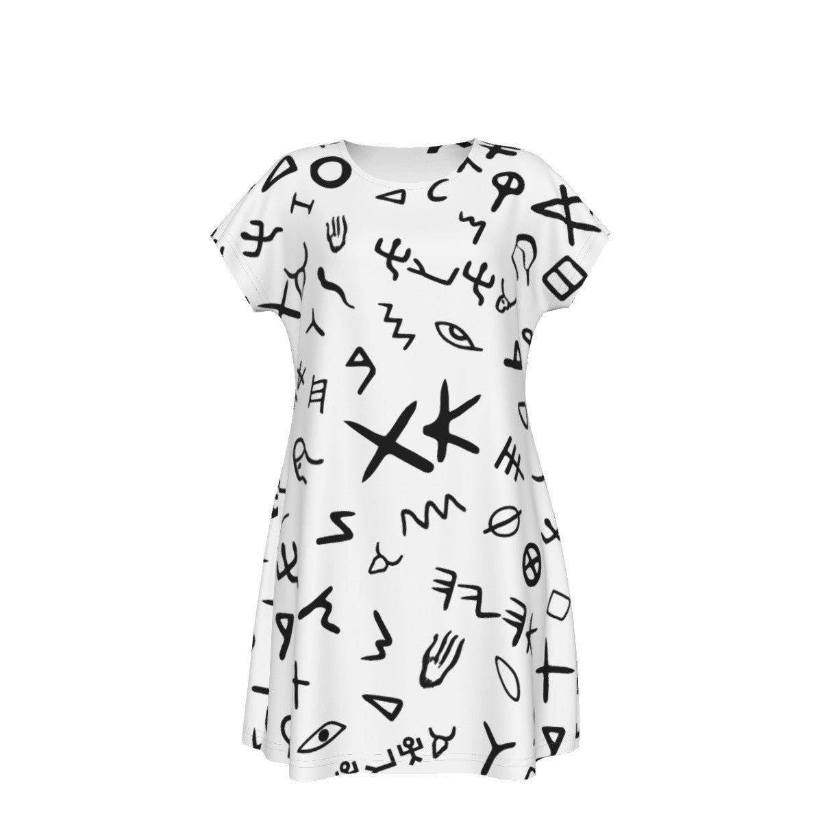 AHAYAH Ancient Paleo Phoenician Pictograph Alphabet Pattern Short Sleeve Dress