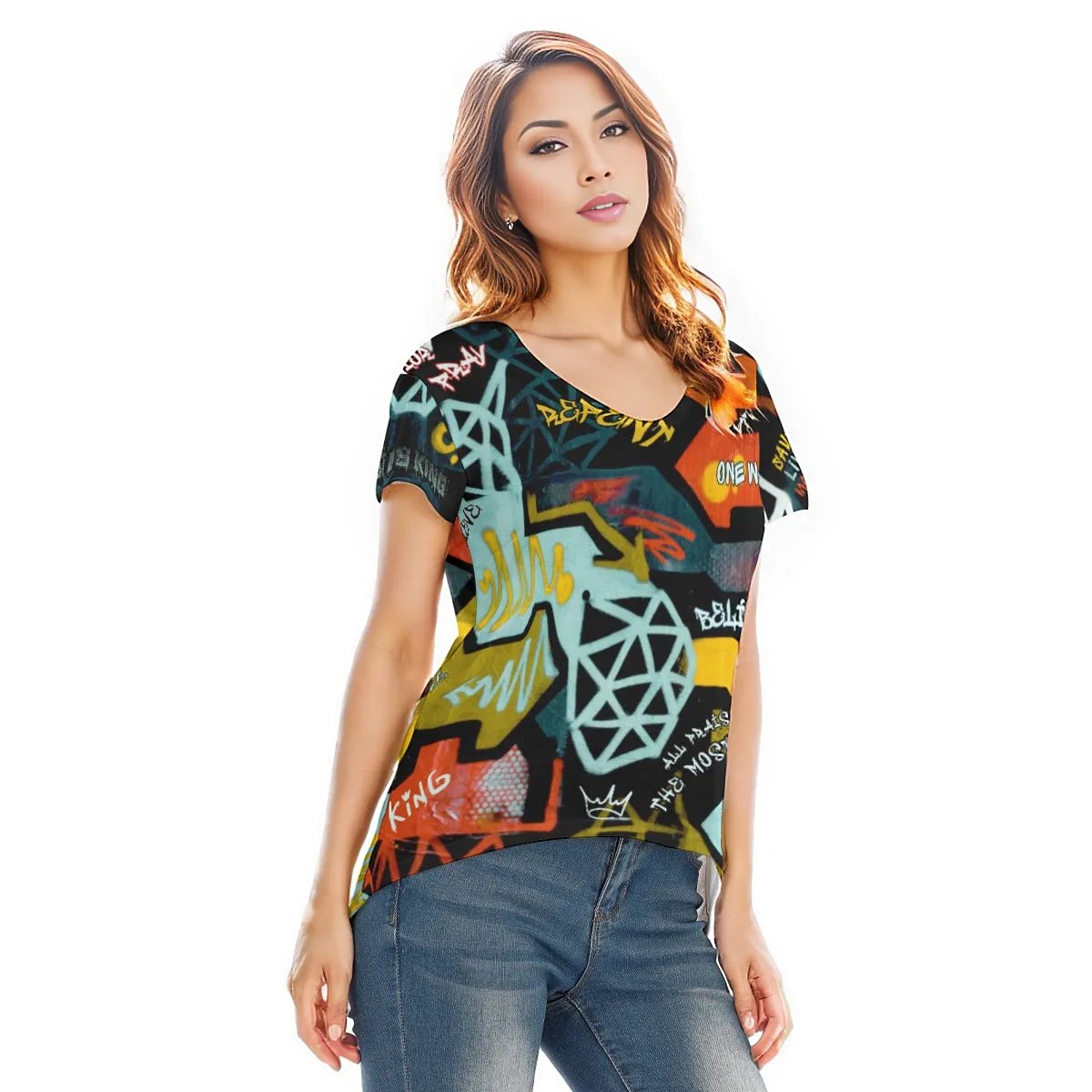 GRAFFITI GOD High Low V-neck Short Sleeve T-shirt