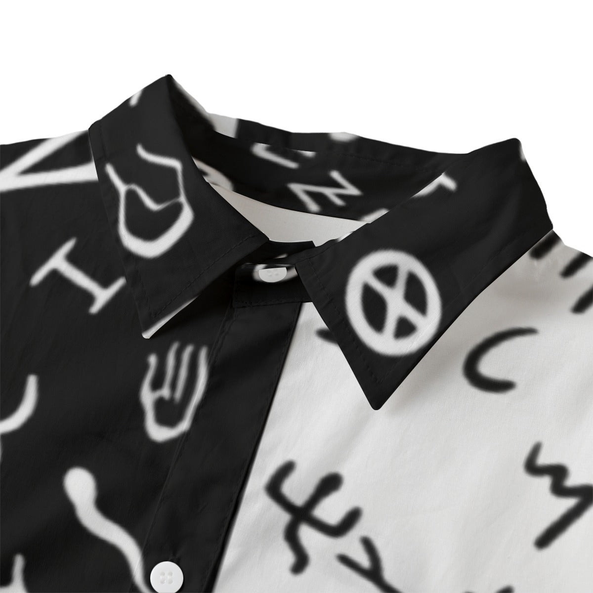 AHAYAH Ancient Paleo Phoenician Pictograph Alphabet Pattern Split Black and White Cotton Button Down