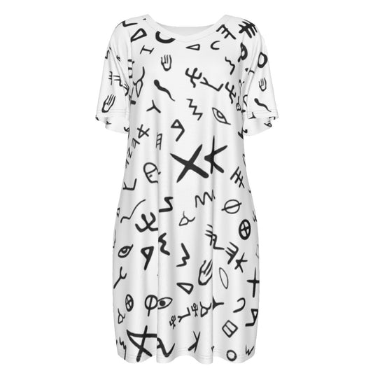 AHAYAH Ancient Paleo Phoenician Pictograph Alphabet Cotton Short Sleeve Dress