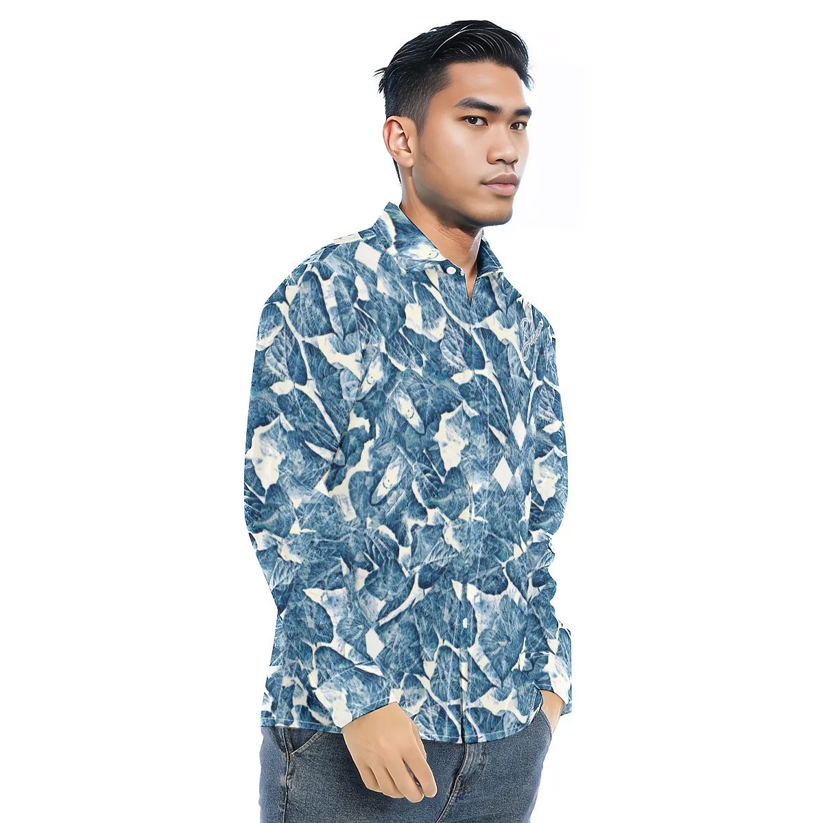 BELIEVER Blue Leaf Pattern Long Sleeve Lapel Collar Shirt