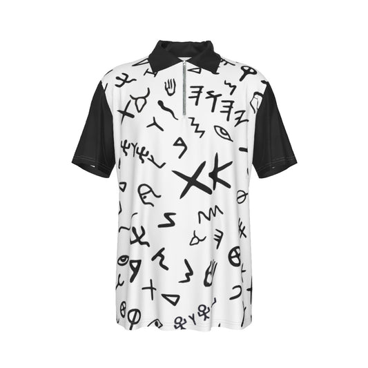 Men's YAHUAH Ancient Paleo Phoenician Pictograph Alphabet Pattern Short Sleeve Zip Collar Polo Shirt