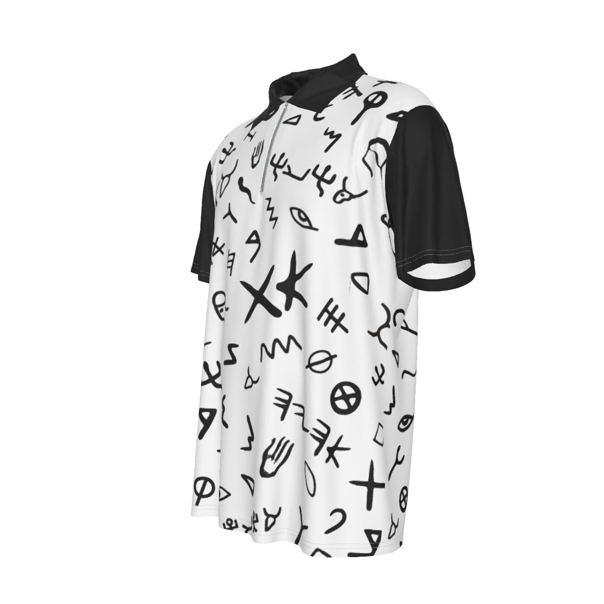 Men's AHAYAH Ancient Paleo Phoenician Pictograph Alphabet Pattern Lapel Zip Short Sleeve POLO