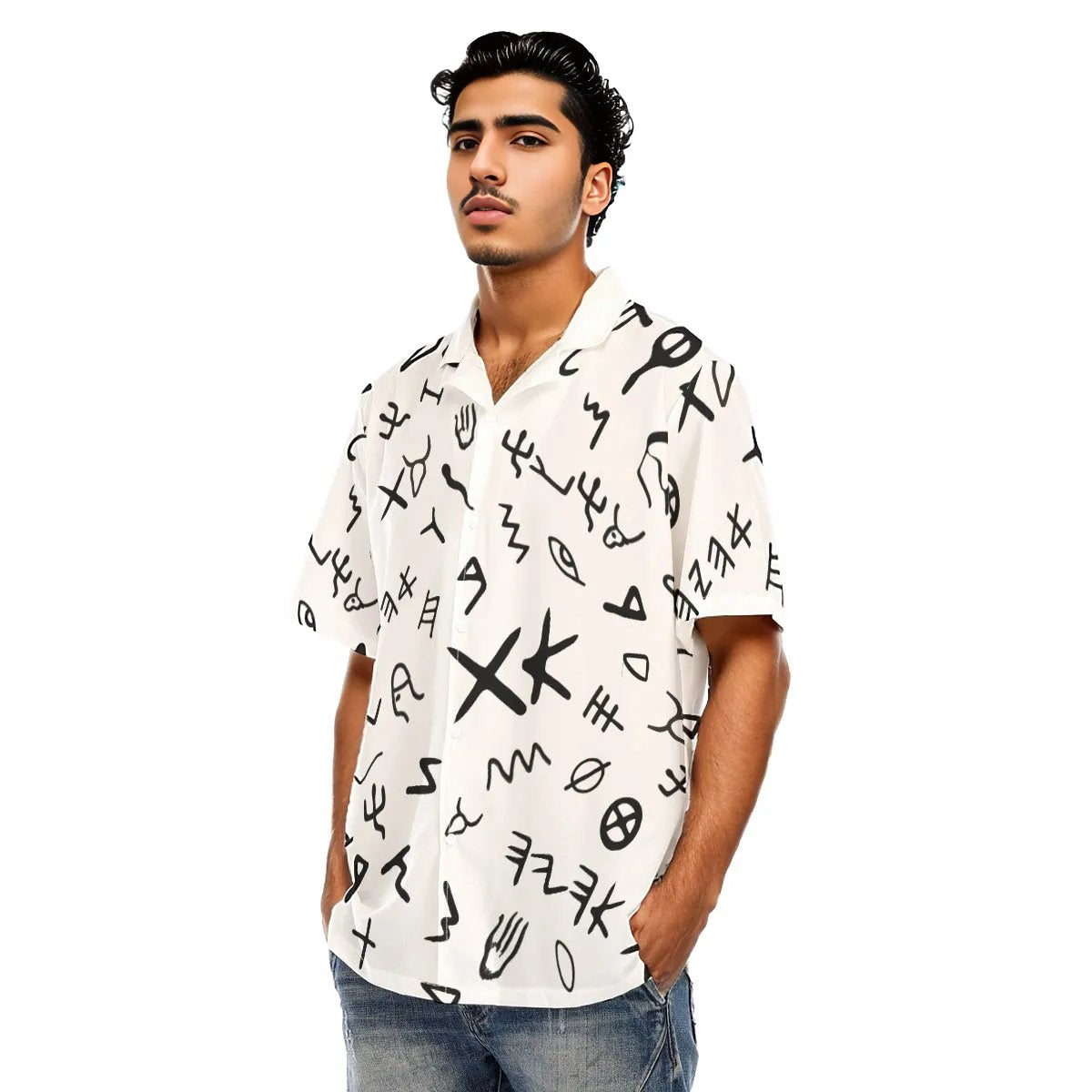 Men's AHAYAH Ancient Paleo Phoenician Pictograph Alphabet Pattern Hawaiian Button Shirt