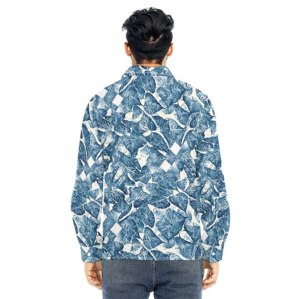 BELIEVER Blue Leaf Pattern Long Sleeve Lapel Collar Shirt