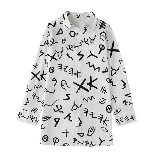 AHAYAH Ancient Paleo Phoenician Pictograph Alphabet Pattern Long Button Down Shirt