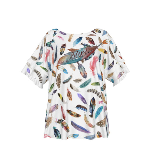 BELIEVE Feather Print Round Neck Layered Sleeve Shirt