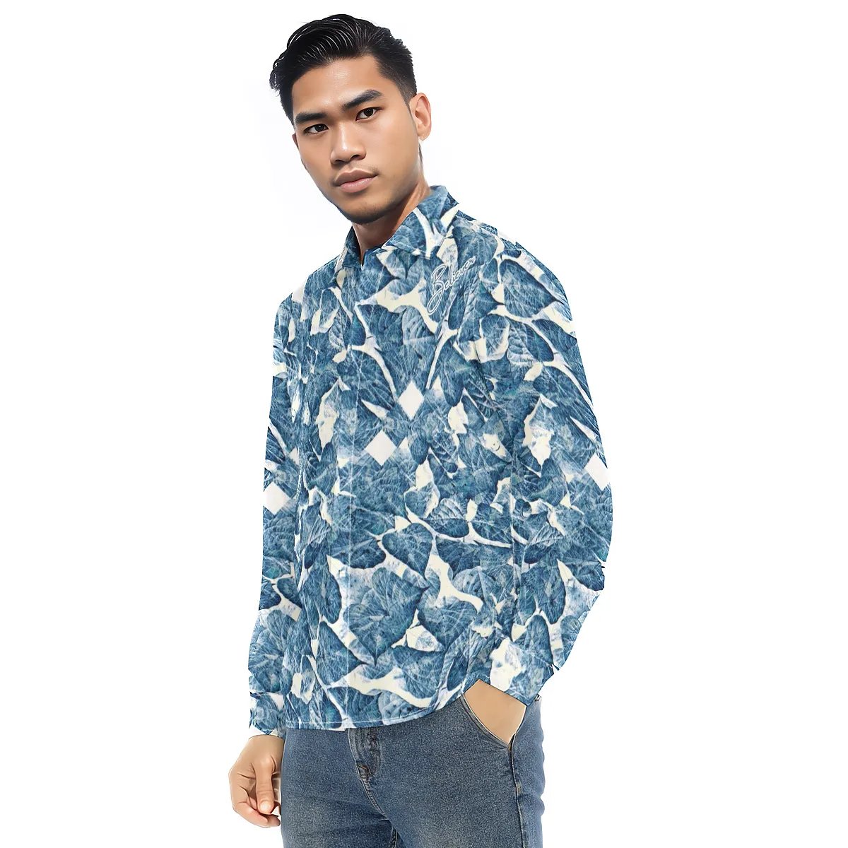 BELIEVER Blue Leaf Pattern Long Sleeve Lapel Collar Shirt