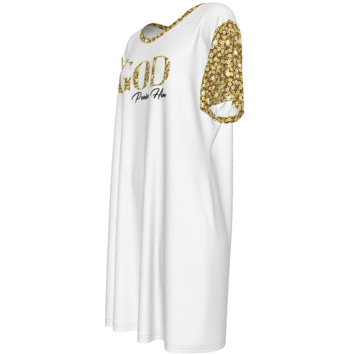 ONE GOD PRAISE HIM Gold Sequin Pattern Short Sleeve Casual Cotton Dress