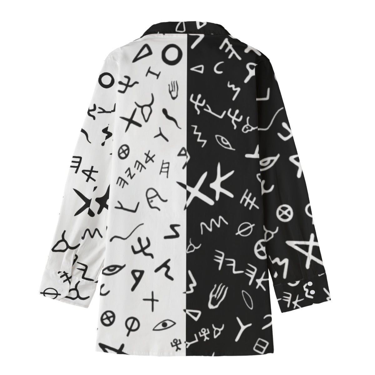 AHAYAH Ancient Paleo Phoenician Pictograph Alphabet Pattern Split Black and White Cotton Button Down