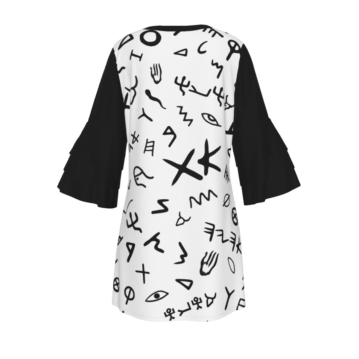 AHAYAH Ancient Paleo Phoenician Pictograph Alphabet Pattern Stacked Ruffle Sleeve Dress