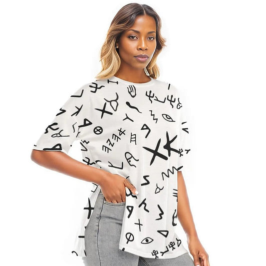 AHAYAH Ancient Paleo Phoenician Pictograph Alphabet Pattern T Shirt With Side Splits