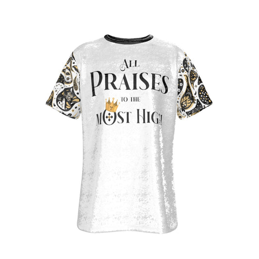 ALL PRAISES TO THE MOST HIGH Paisley Sleeve White Velvet T Shirt