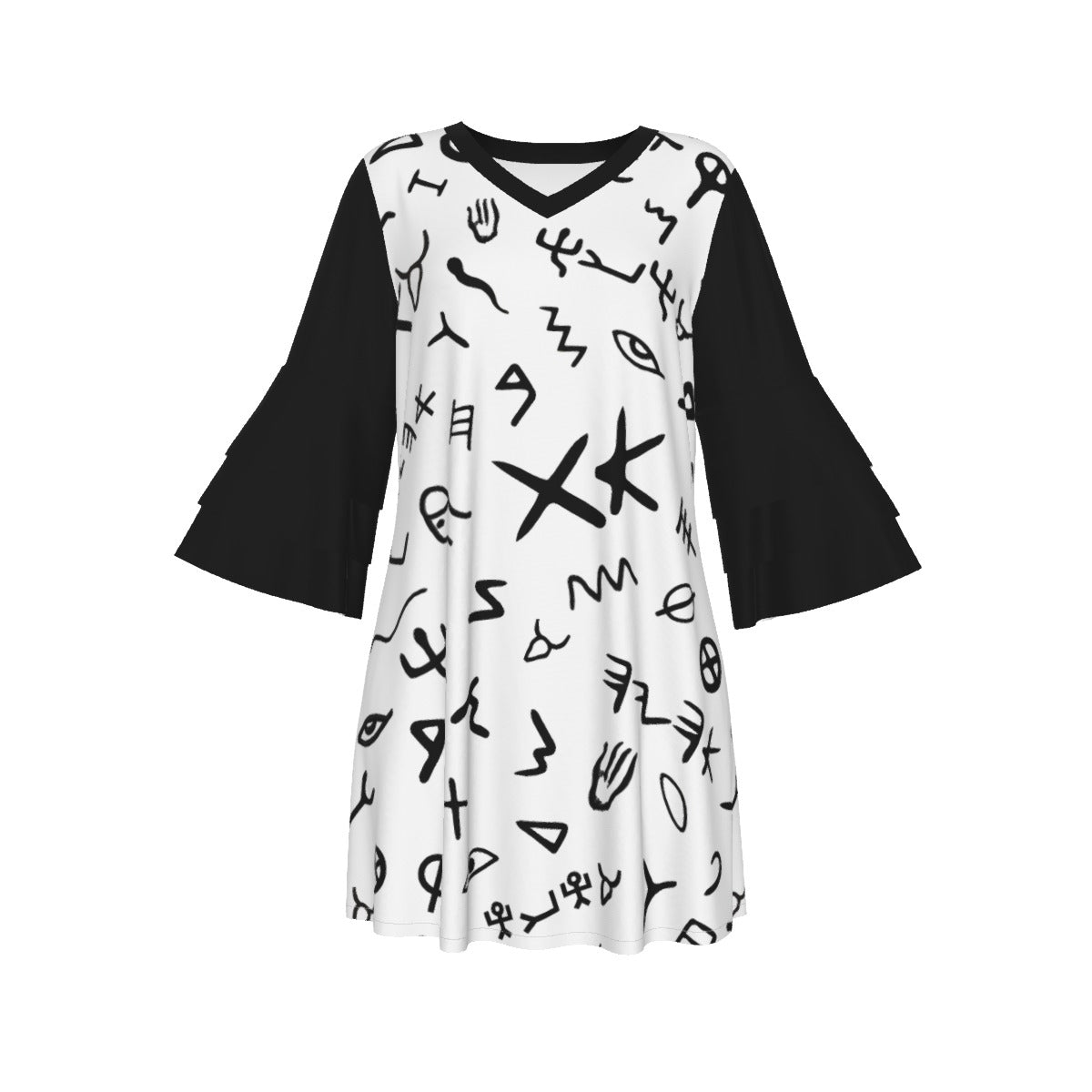 AHAYAH Ancient Paleo Phoenician Pictograph Alphabet Pattern Stacked Ruffle Sleeve Dress